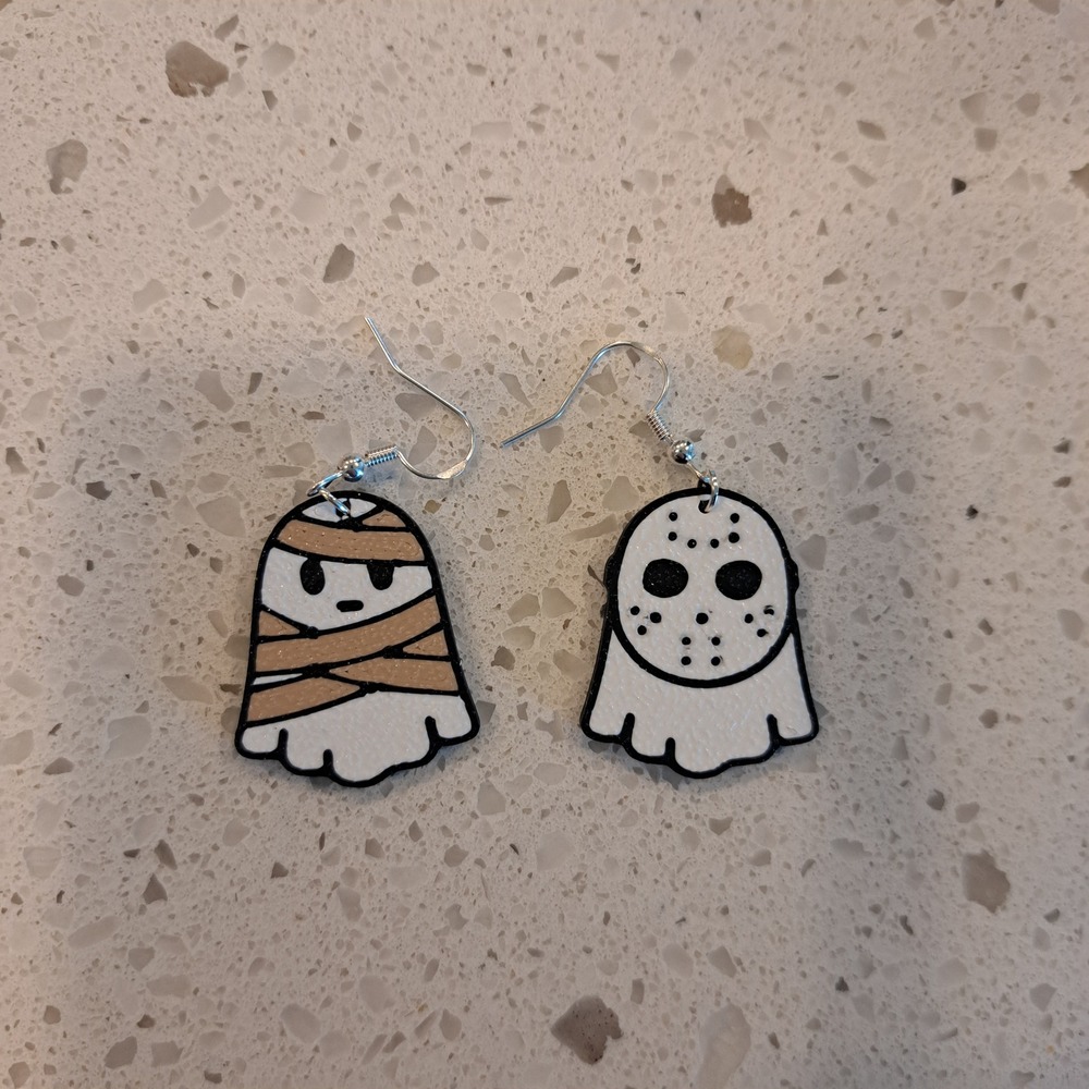Handmade Halloween Ghost Earrings Mummy Hockey Mask Slasher Mismatched Spooky